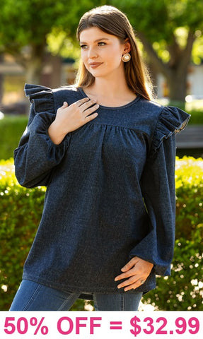 Denim style ruffle shoulder top