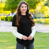 Black ribbed long sleeve top white sleeves