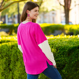 Pink ribbed long sleeve top white sleeves