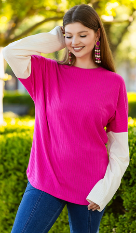* Pink ribbed long sleeve top white sleeves