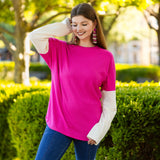 Pink ribbed long sleeve top white sleeves