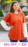 Orange ribbed long sleeve top white sleeves