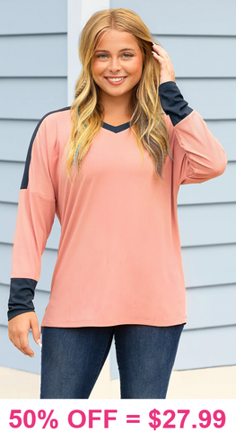 Coral & Navy Ribbed long sleeve top