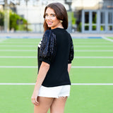 GAME DAY sequin puff sleeves on black top