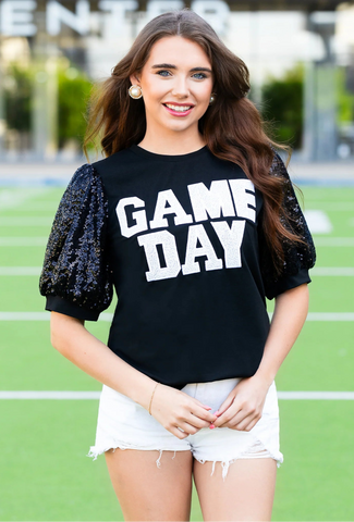 GAME DAY sequin puff sleeves on black top