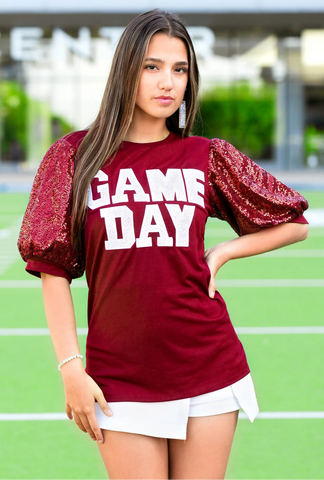 L, XL, 2X, 3X GAME DAY sequin puff sleeves on maroon top