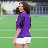 GAME DAY sequin puff sleeves on purple top