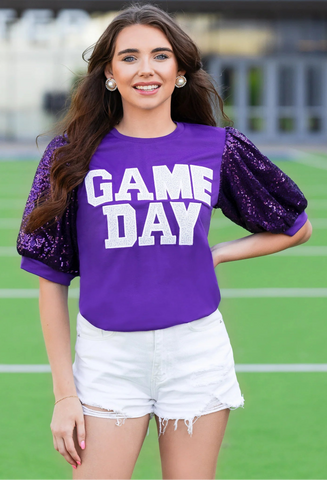 GAME DAY sequin puff sleeves on purple top