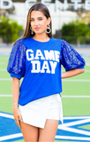 GAME DAY sequin puff sleeves on blue top