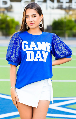 GAME DAY sequin puff sleeves on blue top