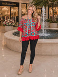 Red & Turquoise Tribal Ruffle Trim Top