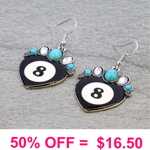 Western 8 Ball Heart Dangle Earrings