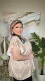 2X/3X : Cream leopard top with embroidery & Cap ruffle sleeves