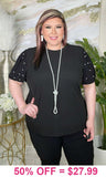 2X/3X : Black Top with pearl bubble sleeve- Fitted