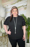 2X/3X : Black Top with pearl bubble sleeve- Fitted