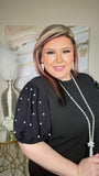 2X/3X : Black Top with pearl bubble sleeve- Fitted