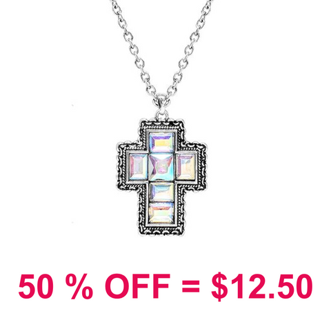 Western Square Glass Stone Cross Necklace