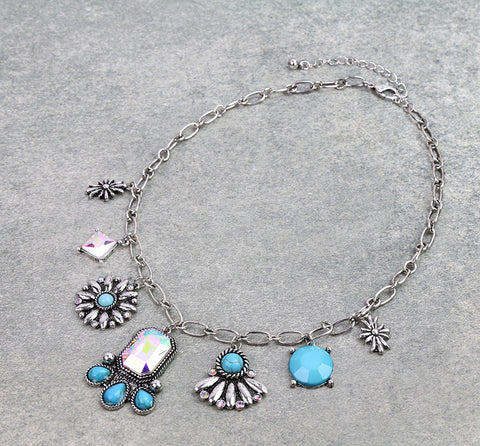 Turquoise & Rhinestone Charm Link necklace