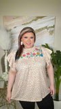 2X/3X : Cream leopard top with embroidery & Cap ruffle sleeves