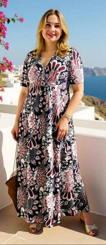 S, M, 3X : Black, Grey, Rust, Cream Printed Dress