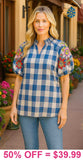 Blue & White Checker Blouse With Embroidery Puff Sleeves