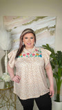 2X/3X : Cream leopard top with embroidery & Cap ruffle sleeves