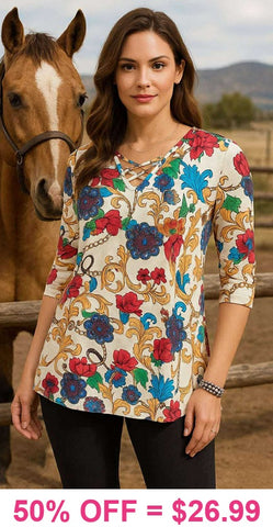 White Top With Floral Scroll Print Criss Cross Neck