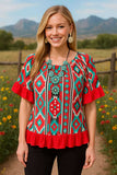 Red & Turquoise Tribal Ruffle Trim Top