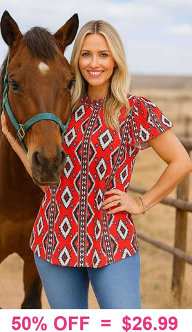 L, 2X, 3X : Red Tribal top with short ruffle sleeves