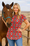 L, 2X, 3X : Red Tribal top with short ruffle sleeves