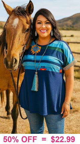 Blue Tribal Top with Sequin Trim Short Sleeves