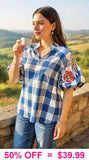 Blue & White Checker Blouse With Embroidery Puff Sleeves