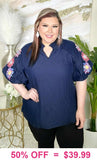 Navy Blouse With Embroidery Puff sleeve