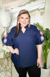 Navy Blouse With Embroidery Puff sleeve