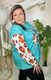 Howdy Fall Turquoise Top w/ pumpkin & leopard sleeves