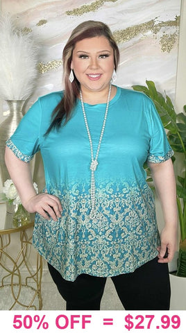 Turquoise Ombre Cream Damask Print Top