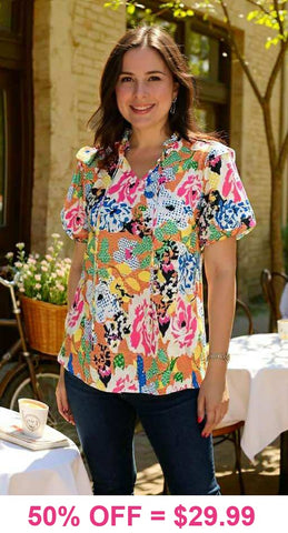 Orange, Floral, Tie Neck Blouse