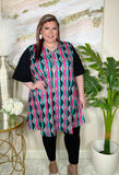 Turquoise & Pink tribal flutter dress black bell sleeves
