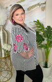 Striped Blouse with pink embroidery v-neck & puff sleeves