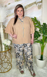 Sml, Large,  2X, 2 Piece Set: Tan ruffle bell sleeve top & Pants