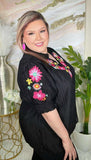 Black Blouse with floral & Birds embroidery v-neck & puff sleeves