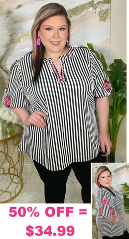 Striped Blouse with pink embroidery sleeves