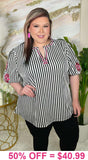 Striped Blouse with pink embroidery v-neck & puff sleeves