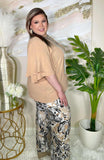 Sml, Large,  2X, 2 Piece Set: Tan ruffle bell sleeve top & Pants