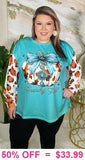 Howdy Fall Turquoise Top w/ pumpkin & leopard sleeves