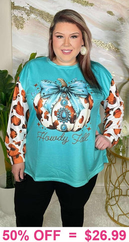 L : Howdy Fall Turquoise Top w/ pumpkin & leopard sleeves