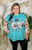 Howdy Fall Turquoise Top w/ pumpkin & leopard sleeves