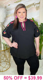 S, M, Large : Black top with embroidery details
