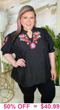 Black Blouse with floral & Birds embroidery v-neck & puff sleeves