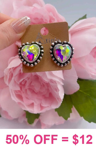 Bling AB Gem heart stud earrings